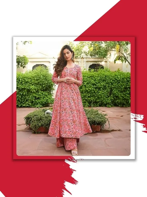 Women's Cotton Printed Anarkali Kurti with Palazzo Pants Set, Floral